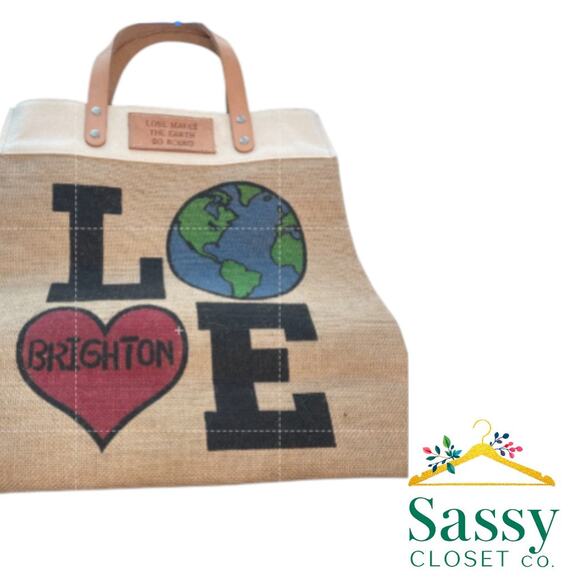 Brighton Handbags - Brighton Canvas Tote Love Makes the Earth Go Round Tan Globe Heart EUC